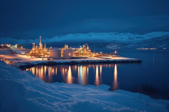 Hammerfest Island Mukut Northern Norway gas processing facility illuminated at night, Hammerfest Island Murukku Northern Norway, gas processing plant