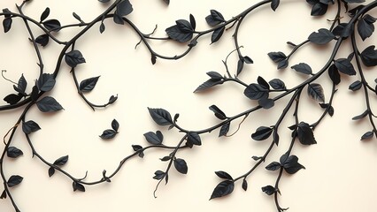 Delicate floral background features winding black vines and leaves with subtle golden accents on a soft, creamy white surface.