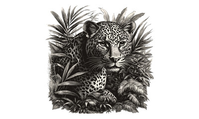 Leopard in Vintage Jungle, Monochrome Wild Animal Etching, Hand-drawn Safari Cat, Retro Fauna Line Art, Rustic Wildlife Sketch, engraving art jungle leopard print drawing,