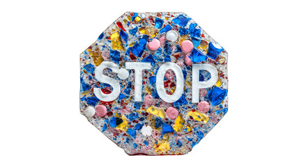 A stop sign designed from shattered glass and pill debris, isolated on Transparent Background