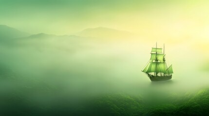 Fototapeta premium Fantastic voyage ship soaring above mountain peaks in dreamlike sky