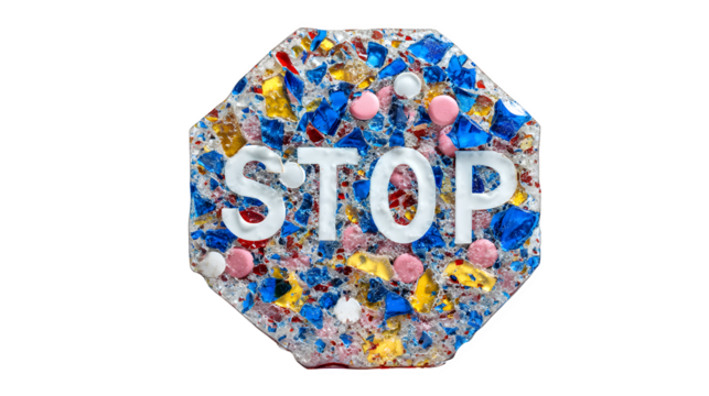 A stop sign designed from shattered glass and pill debris, isolated on Transparent Background