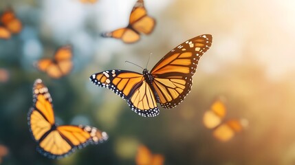 Fototapeta premium Monarch butterflies flying in a sunny meadow