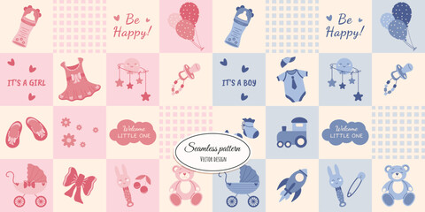 A set of fashionable children's seamless drawings for a newborn boy and a newborn girl. Vector design for fabric, wallpaper, wrapping paper and more.