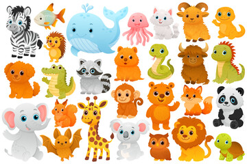 Vector set of cartoon children's illustrations of different animals. Concept of zoo, circus, pet care. Element for your design, children's books, articles, cards, etc.