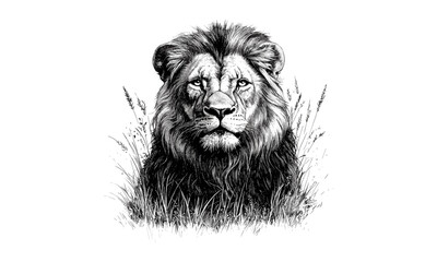 Hand-drawn lion sketch, vintage safari etching, monochrome wild cat illustration, rustic animal print, detailed wildlife line art, retro fauna drawing, timeless engraving style