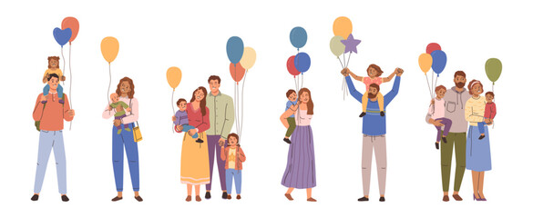 Happy families with children with balloons. Vector parents and kids holding inflatable objects on strings, celebrating holiday or birthday together. Mothers and fathers, children and toddlers