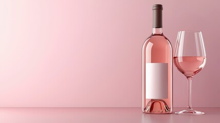 stylish blank rose wine bottle and an empty wineglass mockup placed on a soft pink background, ready to showcase your branding ideas.