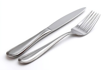 Elegant silverware: A close-up shot of a gleaming knife and fork, set against a stark white background.  Perfect for menus or culinary themes.