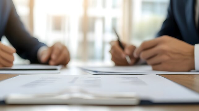 Business team meeting reviewing investment contracts related to real estate