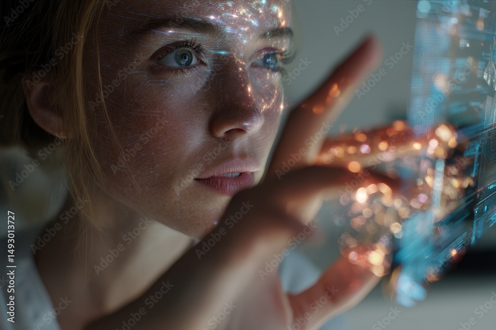 Poster woman with digital interface on face, representing technology, innovation, and the future of communi