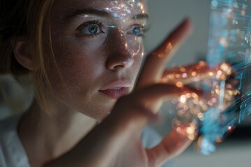 Woman with Digital Interface on Face, Representing Technology, Innovation, and the Future of Communication, Touching Virtual Screen : Generative AI