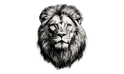 Vintage Hand-drawn Lion with Mane, Rustic Animal Print, Detailed Nature Illustration, Retro Wildlife Etching, Monochrome Wild Cat Line Art, Old engraving style, trendy nature sketch