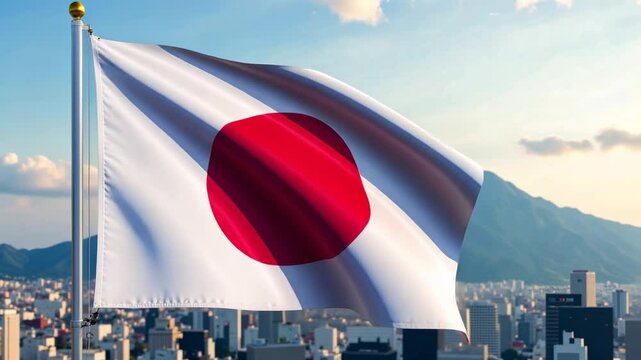 Japan flag blowing in the wind on a flagpole with a clear sky background representing patriotism and national pride, video