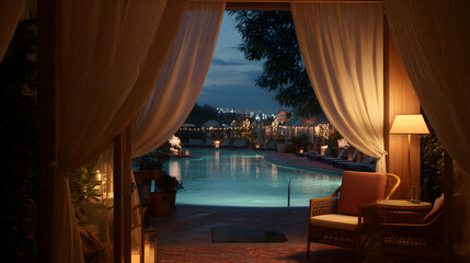 Serene poolside view at dusk with soft lighting and flowing curtains for a relaxing getaway