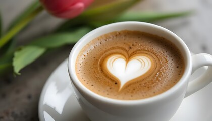 A latte with a heart-shaped foam design in a white cup