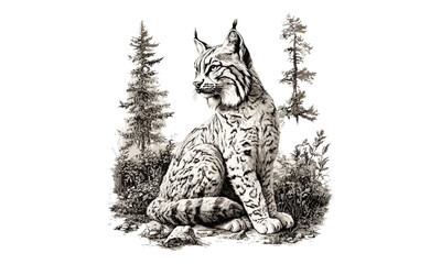 Rustic animal print, detailed lynx illustration, vintage wildlife etching, hand-drawn forest engraving, monochrome wild cat line art, retro fauna drawing, old engraving style, trendy nature art © Vintage Studio