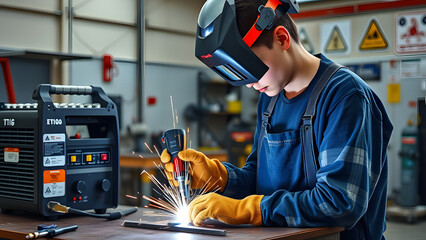 Concentrated welder at work, safety first, sparks flying, industry environment