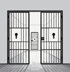 Monochrome illustration of open prison gates revealing a locked inner cell.