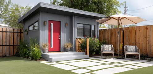 Small building with backyard seating area
