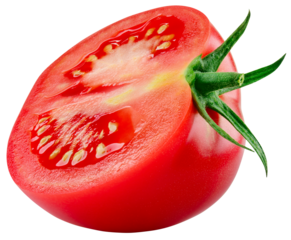 Tomato isolated png. Tomato half on white or transparent background. Tomato slice png no background. Tomato half  top view. Full depth of field.