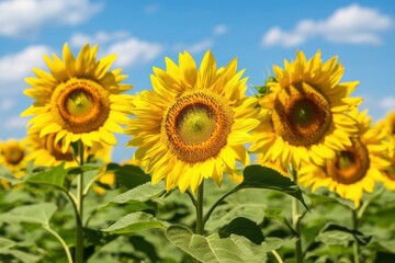 Fototapeta premium Vibrant sunflowers bloom under a bright blue sky in a sunny field at midday, Closeup of sunflowers under bright sky