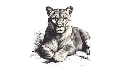 Mountain lion lying hand-drawn engraving, vintage big cat sketch, monochrome wildlife art in antique style, trendy nature and animal illustration, forest wildlife print