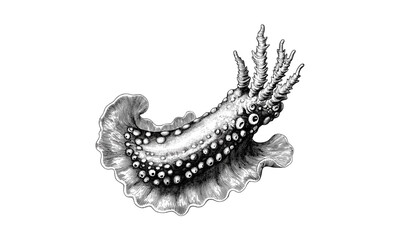 Hand-drawn vintage engraving of nudibranch sea slug, antique ocean creature drawing, monochrome marine life illustration, old engraving style, trendy ocean animal art