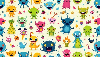 Colorful cartoon monsters of various shapes and expressions are scattered across a playful, light background in this fun illustration.