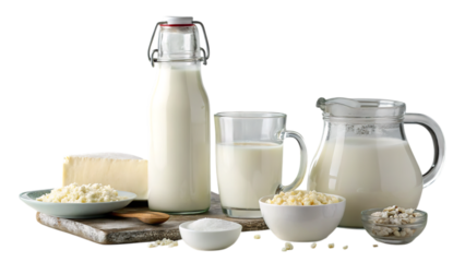 A creamy collection of dairy delights: fresh milk, creamy butter, and delicate curd, showcased in rustic charm with natural light.