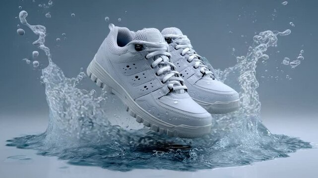 White Athletic Sneakers Splashing Water on Gray Background in Dynamic Action Shot Displaying Style and Functionality