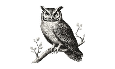 Black Sketch of Owl Perched on Branch, Old Engraving Style, Vintage Monochrome Bird of Prey, Rustic Woodland Decor, Trendy Nature Art Print Illustration, forest wall printable,