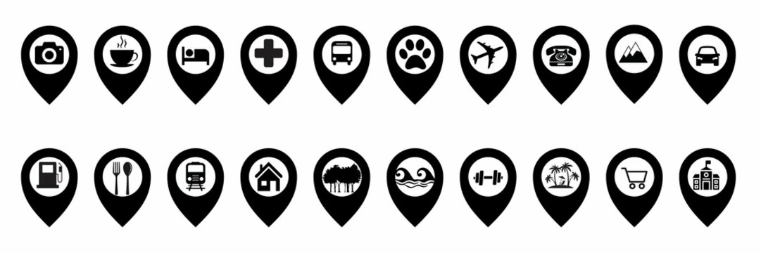 Set of map pointer icons, icons of map pointer , set of map pointer, pointer icon set, icon set of map pin, pin icon, jungle, restaurant, sea, hotel, hospital, school, house, zoo, station, airport