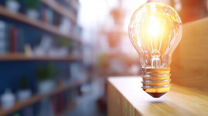 Glowing light bulb on wooden surface, symbolizing ideas and creativity in cozy environment