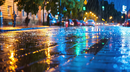 Obraz premium Vibrant city street illuminated by colorful reflections during light rain, creating serene and atmospheric scene