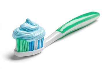 Close-up of a toothbrush with light blue toothpaste.  Ready for a fresh morning!