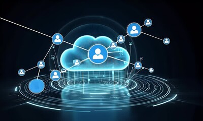 Cloud technology background with cloud icon in hologram style on black, data center and big clouding cloud concept, futuristic digital illustration of the abstract elements for web design or presentat - Powered by Adobe