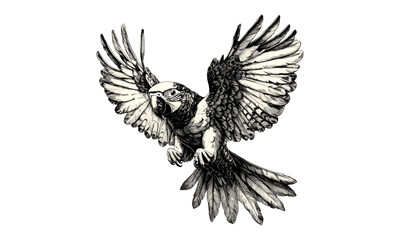 Hand-drawn engraving of parrot with spread wings, tropical bird etching in antique style, monochrome sketch for art prints, vintage exotic wildlife design, nature illustration