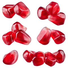 Pomegranate seeds isolated png. Pomegranate seed on white or transparent background. Pomegranate seeds collection no background top view. Transparent png. Full depth of field.