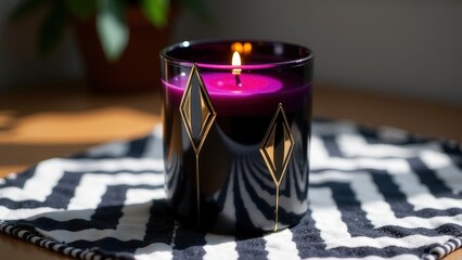 Luxurious purple candle in black holder with geometric designs on zigzag mat.