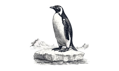Vintage Hand-drawn Penguin Engraving, Monochrome Antarctic Fauna, Rustic Wildlife Illustration, Cold Climate Line Art, Black Sketch Etching, Nature Wildlife Artwork, trendy