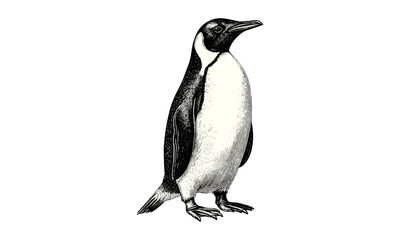 Obraz premium Penguin vintage engraving in monochrome, hand-drawn arctic wildlife sketch, trendy etching style illustration, polar animal drawing for vintage nature prints
