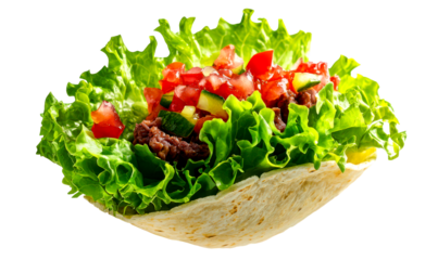 Fresh Beef Taco with Salsa and Crisp Lettuce in Tortilla Bowl Isolate on Transparent Background, cutout, png