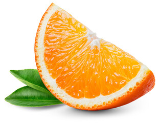 Orange slice isolated png. Sliced orange with leaf on transparent background. Cut orange fruit no...