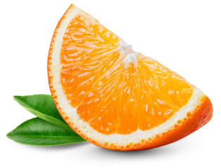 Orange slice isolated png. Sliced orange with leaf on transparent background. Cut orange fruit no background. Full depth of field. Transparent png.