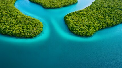 Aerial view of turquoise islands and mangrove forests showcasing coastal biodiversity