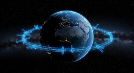 Naklejka premium A digital rendering of Earth, encircled by a constellation of satellites forming a luminous ring against a backdrop of stars and a galaxy