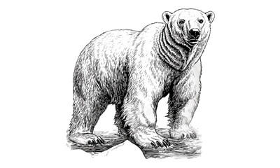 Hand-drawn vintage engraving of polar bear in ice, monochrome arctic mammal etching, retro wildlife sketch, winter nature decor, old style animal print, wildlife conservation art,