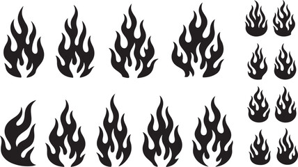 Silhouette Flames Vector Set – Retro Black Fire Icons in Old School Tattoo Style, Minimalist Burning Shapes, Classic Tribal Flame Collection for Stickers, Logos, Signs and Graphic Design