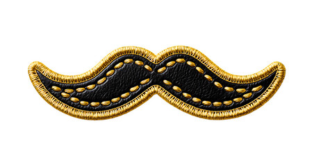 Black mustache patch with brown stitching on transparent background